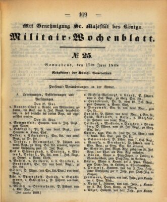 Militär-Wochenblatt Samstag 17. Juni 1848