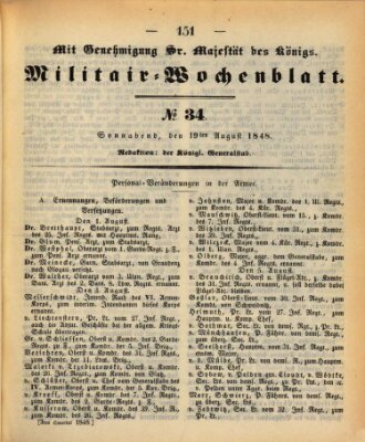 Militär-Wochenblatt Samstag 19. August 1848