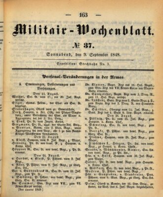 Militär-Wochenblatt Samstag 9. September 1848