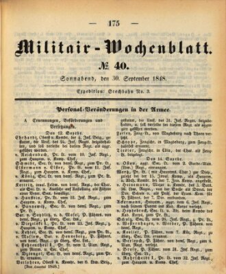 Militär-Wochenblatt Samstag 30. September 1848