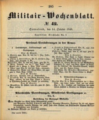 Militär-Wochenblatt Samstag 14. Oktober 1848