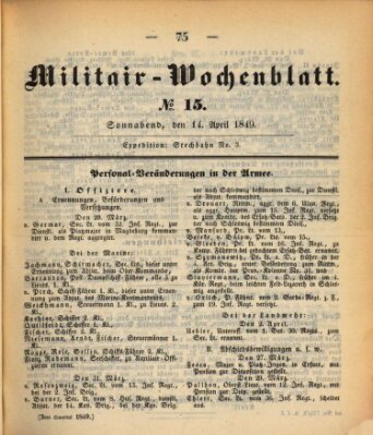 Militär-Wochenblatt Samstag 14. April 1849