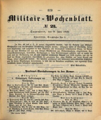 Militär-Wochenblatt Samstag 9. Juni 1849