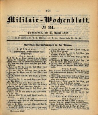 Militär-Wochenblatt Samstag 25. August 1849