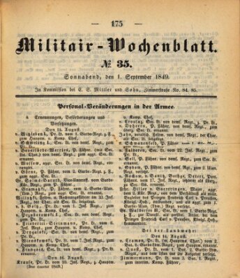 Militär-Wochenblatt Samstag 1. September 1849