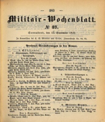 Militär-Wochenblatt Samstag 15. September 1849