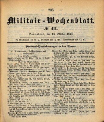 Militär-Wochenblatt Samstag 13. Oktober 1849