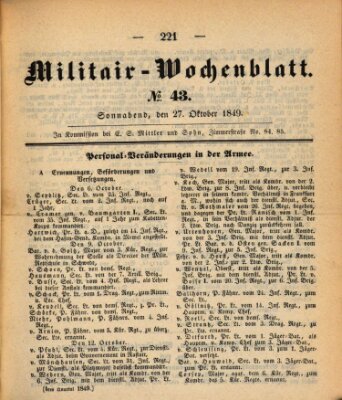 Militär-Wochenblatt Samstag 27. Oktober 1849