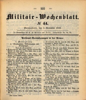 Militär-Wochenblatt Samstag 3. November 1849