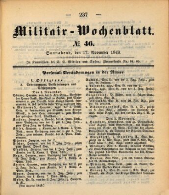 Militär-Wochenblatt Samstag 17. November 1849