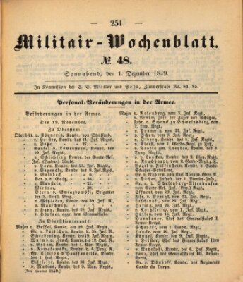 Militär-Wochenblatt Samstag 1. Dezember 1849