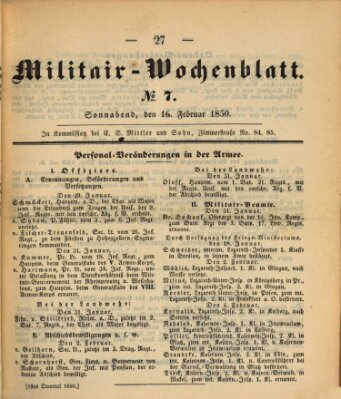 Militär-Wochenblatt Samstag 16. Februar 1850