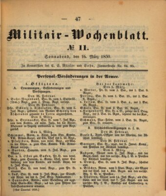 Militär-Wochenblatt Samstag 16. März 1850