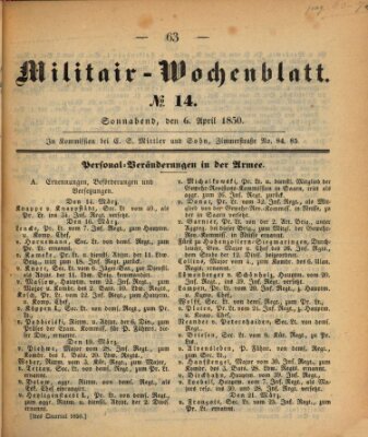 Militär-Wochenblatt Samstag 6. April 1850