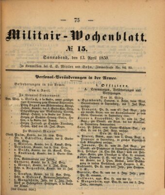 Militär-Wochenblatt Samstag 13. April 1850