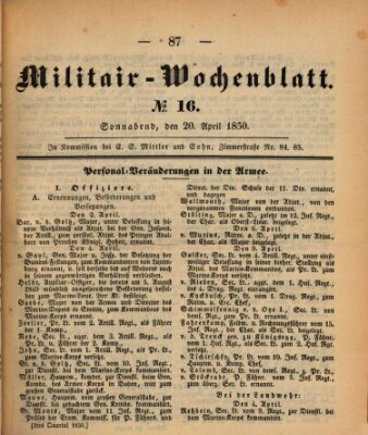 Militär-Wochenblatt Samstag 20. April 1850