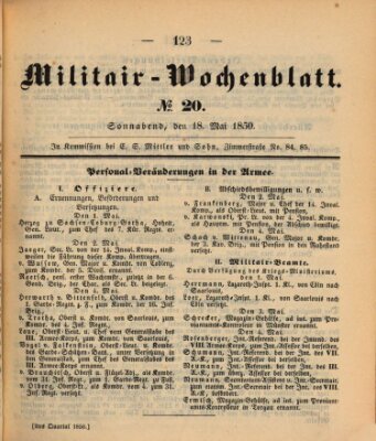 Militär-Wochenblatt Samstag 18. Mai 1850