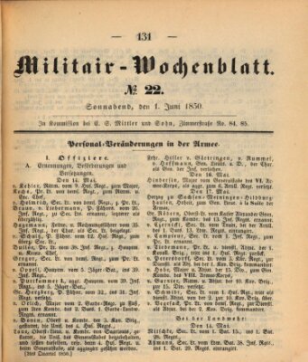 Militär-Wochenblatt Samstag 1. Juni 1850