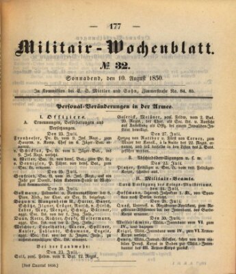 Militär-Wochenblatt Samstag 10. August 1850