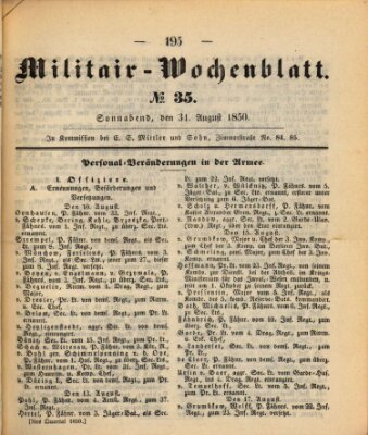 Militär-Wochenblatt Samstag 31. August 1850