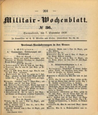 Militär-Wochenblatt Samstag 7. September 1850