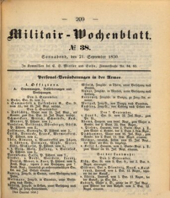 Militär-Wochenblatt Samstag 21. September 1850