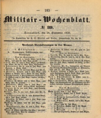 Militär-Wochenblatt Samstag 28. September 1850