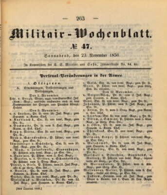 Militär-Wochenblatt Samstag 23. November 1850