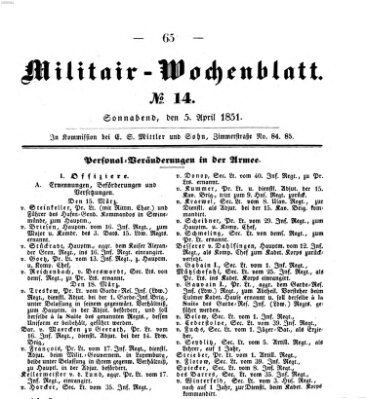 Militär-Wochenblatt Samstag 5. April 1851