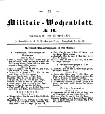 Militär-Wochenblatt Samstag 19. April 1851