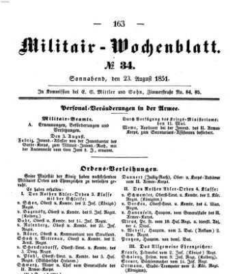 Militär-Wochenblatt Samstag 23. August 1851