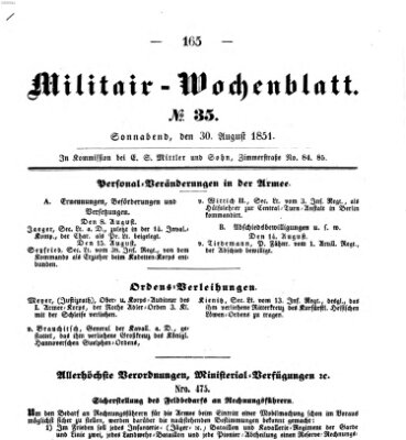 Militär-Wochenblatt Samstag 30. August 1851