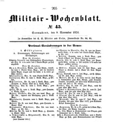 Militär-Wochenblatt Samstag 8. November 1851