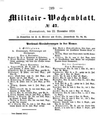 Militär-Wochenblatt Samstag 22. November 1851