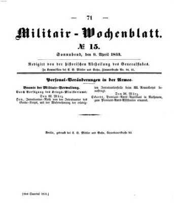 Militär-Wochenblatt Samstag 9. April 1853