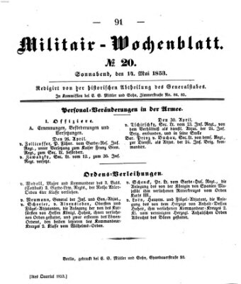 Militär-Wochenblatt Samstag 14. Mai 1853