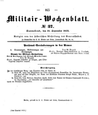 Militär-Wochenblatt Samstag 10. September 1853