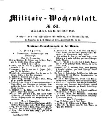 Militär-Wochenblatt Samstag 17. Dezember 1853