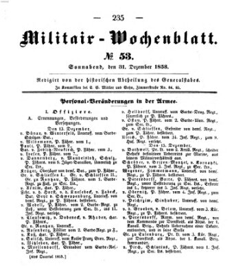 Militär-Wochenblatt Samstag 31. Dezember 1853