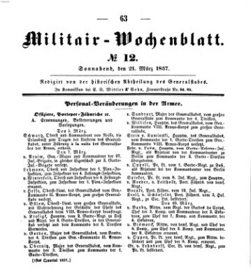 Militär-Wochenblatt Samstag 21. März 1857