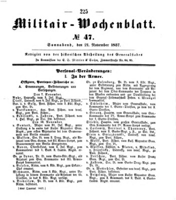 Militär-Wochenblatt Samstag 21. November 1857