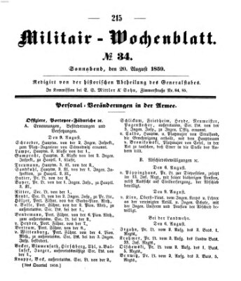 Militär-Wochenblatt Samstag 20. August 1859