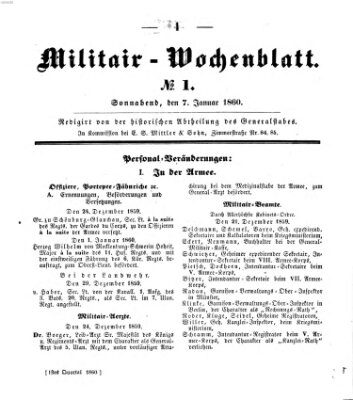 Militär-Wochenblatt Samstag 7. Januar 1860