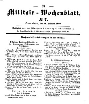 Militär-Wochenblatt Samstag 18. Februar 1860