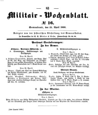 Militär-Wochenblatt Samstag 21. April 1860