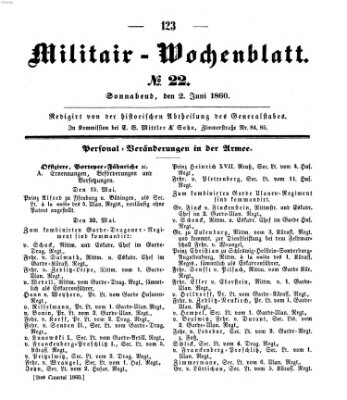 Militär-Wochenblatt Samstag 2. Juni 1860