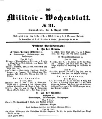 Militär-Wochenblatt Samstag 4. August 1860