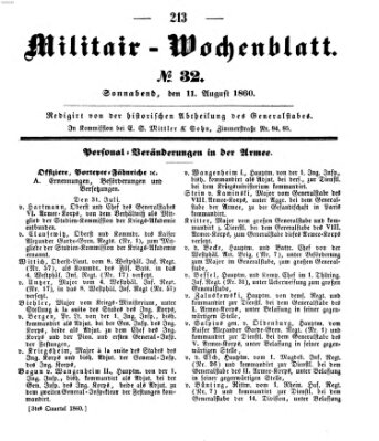 Militär-Wochenblatt Samstag 11. August 1860