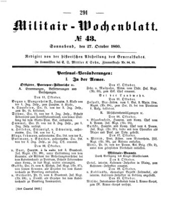 Militär-Wochenblatt Samstag 27. Oktober 1860