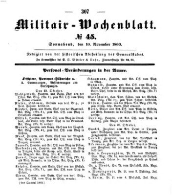 Militär-Wochenblatt Samstag 10. November 1860